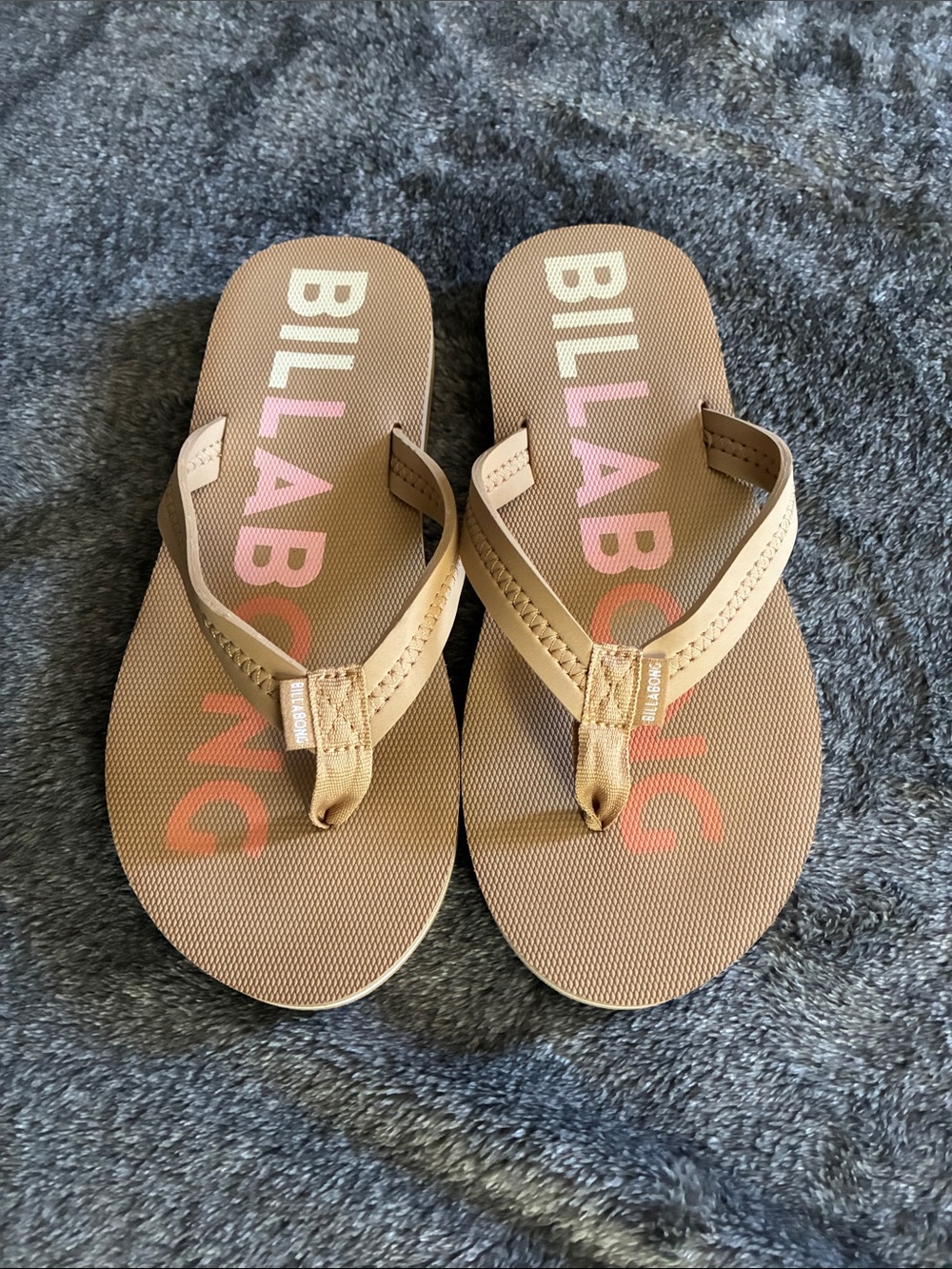 Billabong Tan Flip Flop Sandals with Subtle Pink & Orange Logo